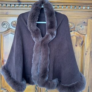 Source Unknown Chocolate Brown Faux Fur-Trim Cape